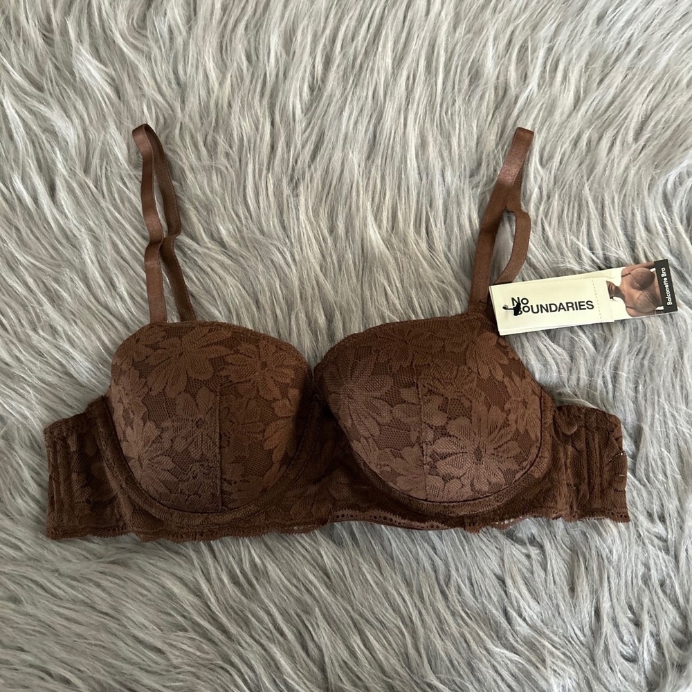 No Boundaries Balconette Bra Womens Size 34B Brown Floral Lace Underwire